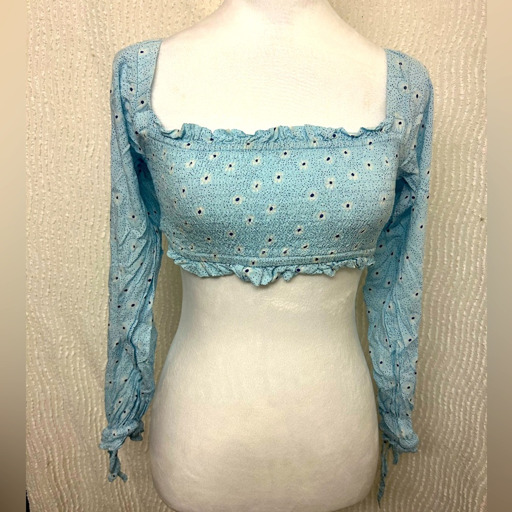 Urban Outfitters Blue Crop Top Peasant Size XS Long Sleeve Festival Summer